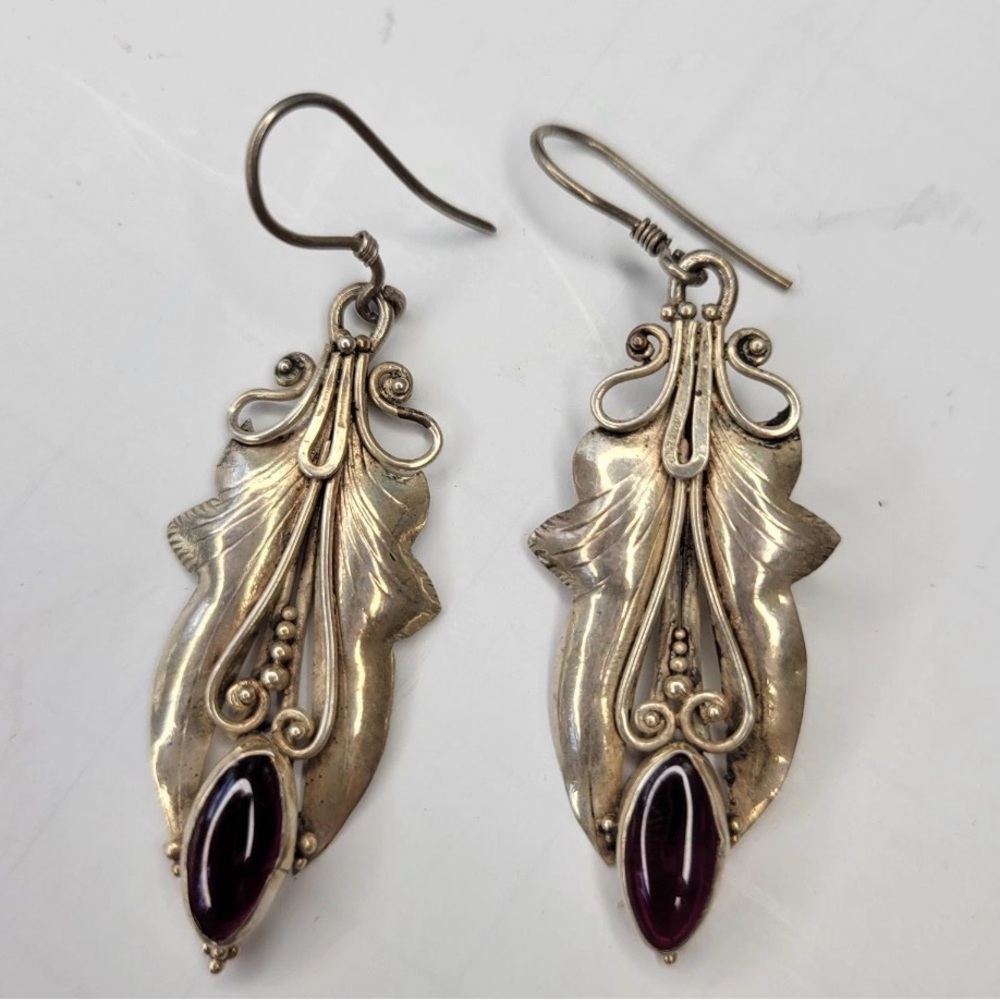 Vintage Sterling Silver Amethyst Pierced Earrings, 13/4"L, Art Deco Style